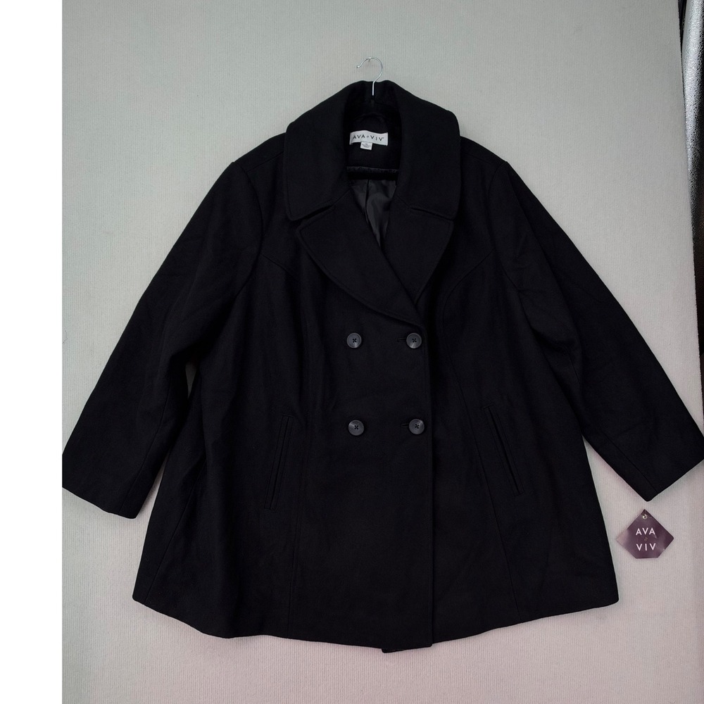 Ava & Viv Women's 4X Black Wool Blend Peacoat Double Breasted Plus Size NWT